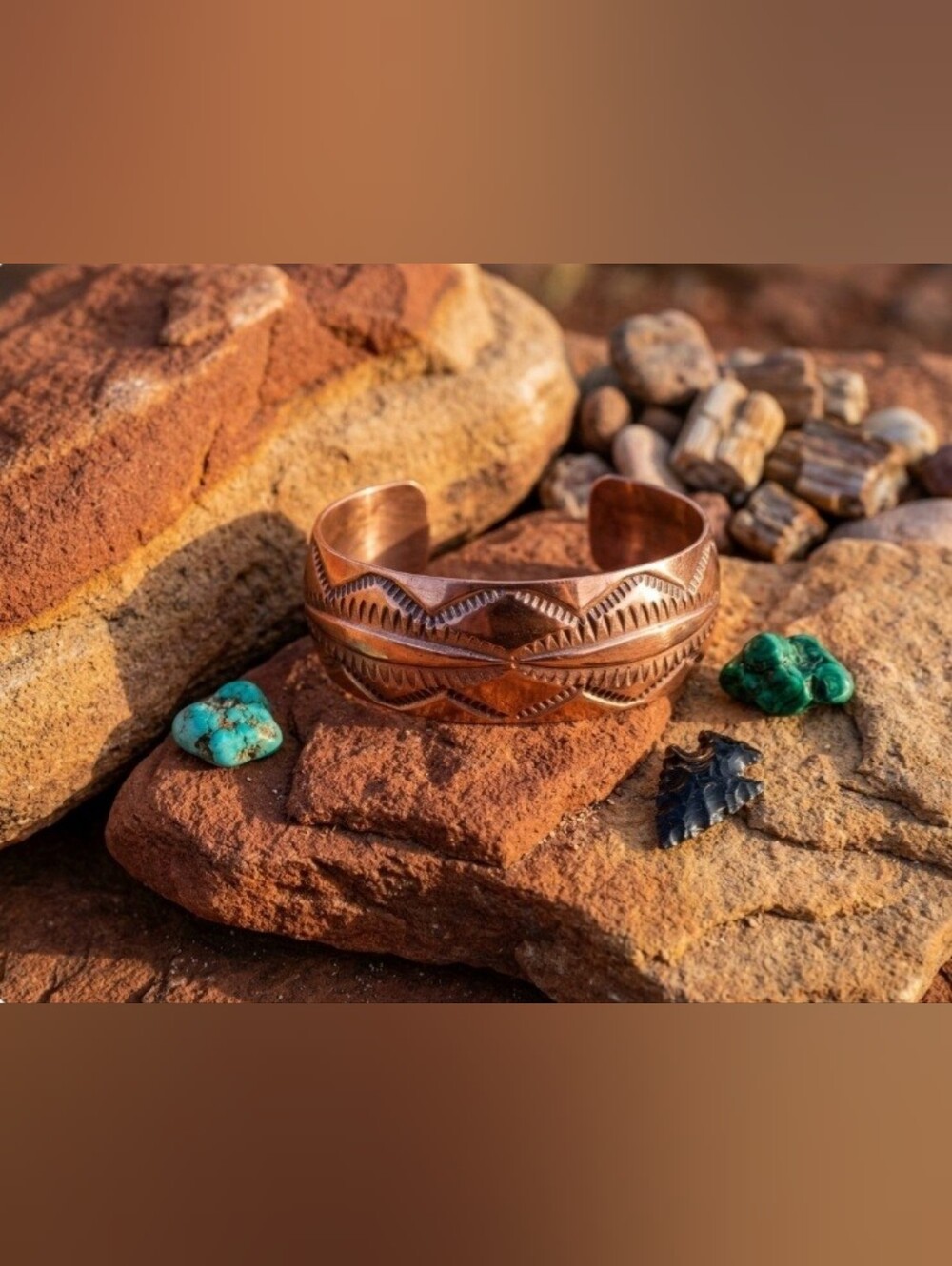 Signed Engraved Copper Cuff Bracelet Stamped Pattern No Stone.